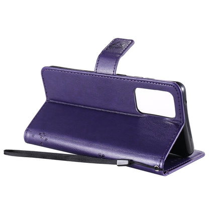 For Samsung Galaxy A52 5G Tree & Cat Pattern Pressed Printing Horizontal Flip PU Leather Case with Holder & Card Slots & Wallet & Lanyard(Purple) by buy2fix