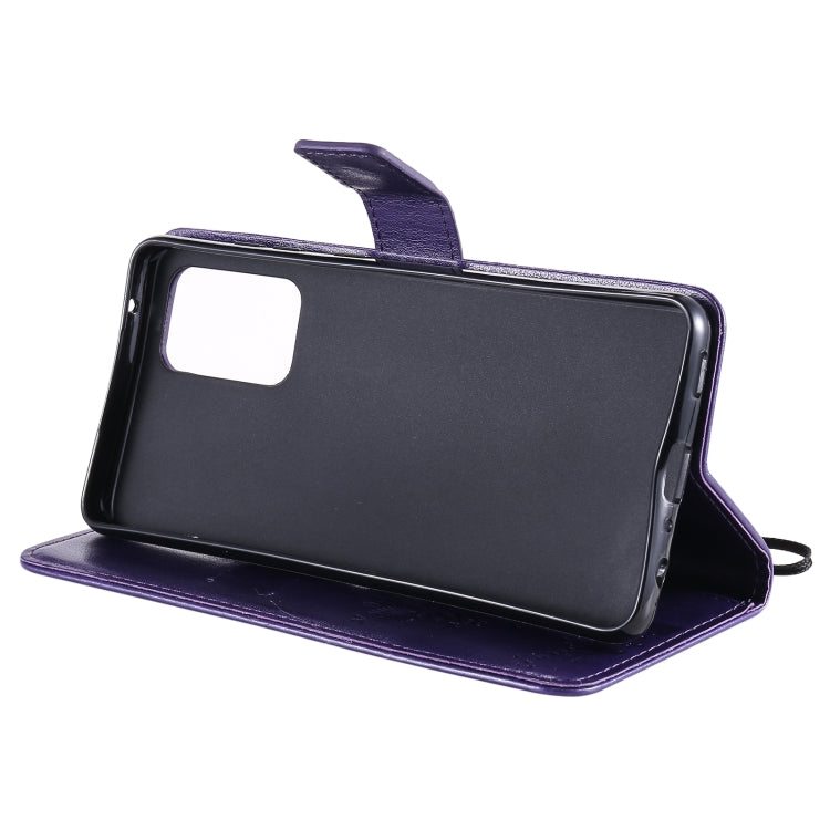 For Samsung Galaxy A52 5G Tree & Cat Pattern Pressed Printing Horizontal Flip PU Leather Case with Holder & Card Slots & Wallet & Lanyard(Purple) by buy2fix
