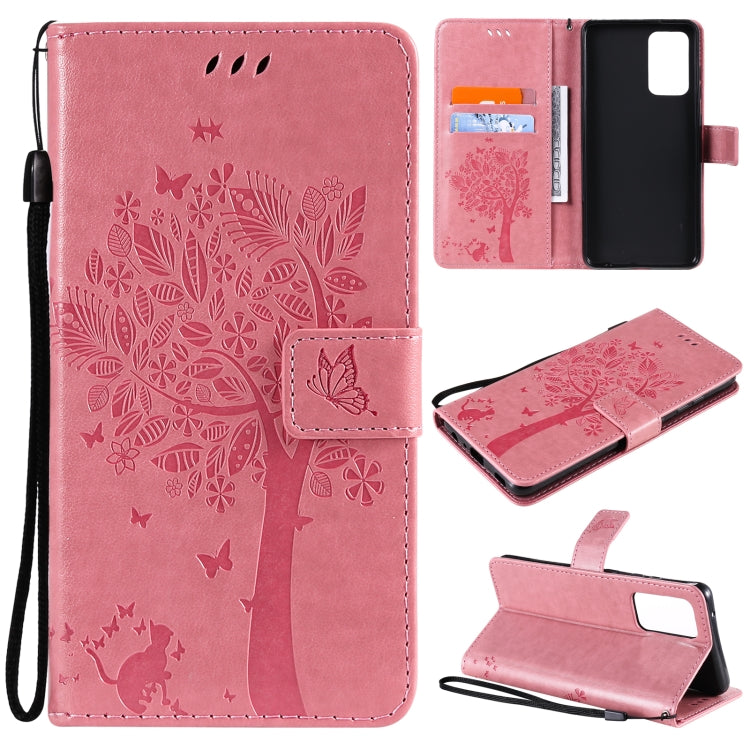 For Samsung Galaxy A52 5G Tree & Cat Pattern Pressed Printing Horizontal Flip PU Leather Case with Holder & Card Slots & Wallet & Lanyard(Pink) by buy2fix