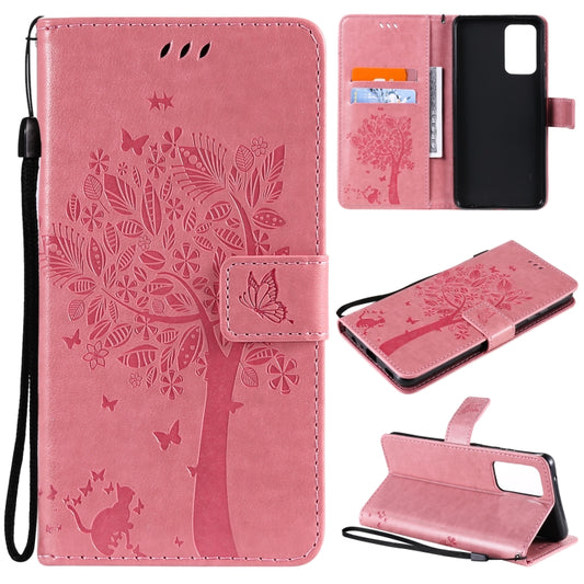 For Samsung Galaxy A52 5G Tree & Cat Pattern Pressed Printing Horizontal Flip PU Leather Case with Holder & Card Slots & Wallet & Lanyard(Pink) by buy2fix