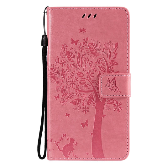 For Samsung Galaxy A52 5G Tree & Cat Pattern Pressed Printing Horizontal Flip PU Leather Case with Holder & Card Slots & Wallet & Lanyard(Pink) by buy2fix