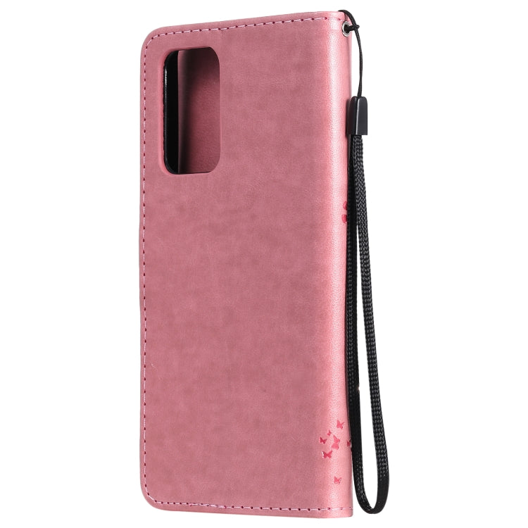 For Samsung Galaxy A52 5G Tree & Cat Pattern Pressed Printing Horizontal Flip PU Leather Case with Holder & Card Slots & Wallet & Lanyard(Pink) by buy2fix