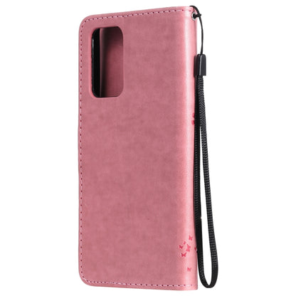 For Samsung Galaxy A52 5G Tree & Cat Pattern Pressed Printing Horizontal Flip PU Leather Case with Holder & Card Slots & Wallet & Lanyard(Pink) by buy2fix