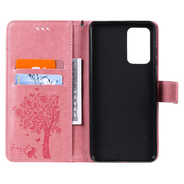 For Samsung Galaxy A52 5G Tree & Cat Pattern Pressed Printing Horizontal Flip PU Leather Case with Holder & Card Slots & Wallet & Lanyard(Pink) by buy2fix