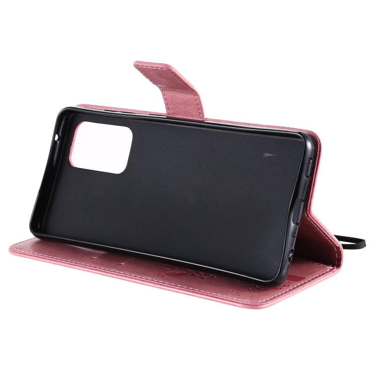 For Samsung Galaxy A52 5G Tree & Cat Pattern Pressed Printing Horizontal Flip PU Leather Case with Holder & Card Slots & Wallet & Lanyard(Pink) by buy2fix