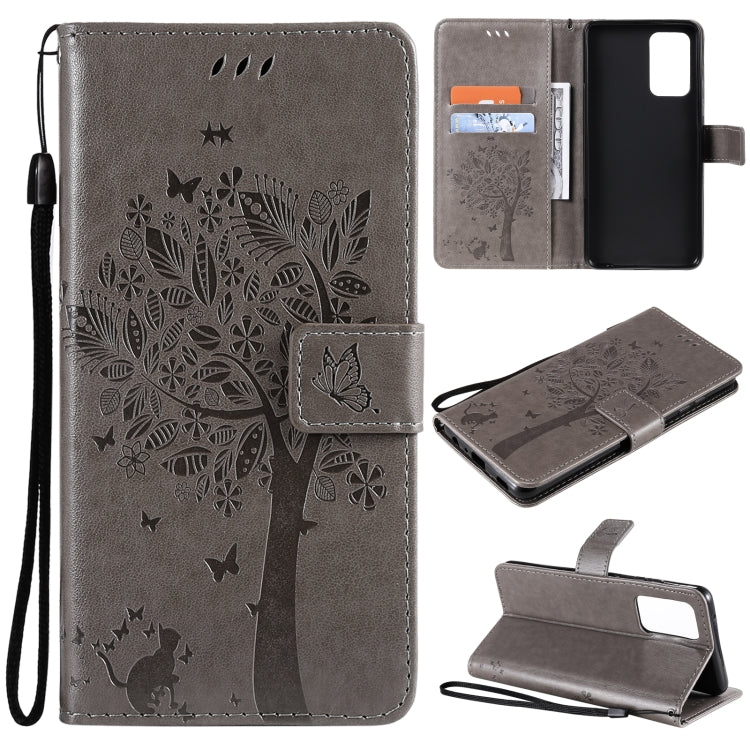 For Samsung Galaxy A52 5G Tree & Cat Pattern Pressed Printing Horizontal Flip PU Leather Case with Holder & Card Slots & Wallet & Lanyard(Gray) by buy2fix