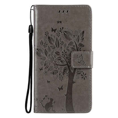For Samsung Galaxy A52 5G Tree & Cat Pattern Pressed Printing Horizontal Flip PU Leather Case with Holder & Card Slots & Wallet & Lanyard(Gray) by buy2fix