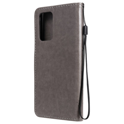 For Samsung Galaxy A52 5G Tree & Cat Pattern Pressed Printing Horizontal Flip PU Leather Case with Holder & Card Slots & Wallet & Lanyard(Gray) by buy2fix