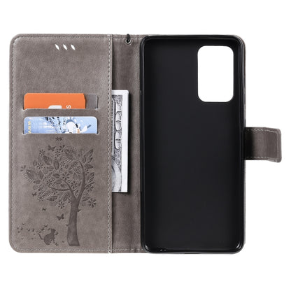 For Samsung Galaxy A52 5G Tree & Cat Pattern Pressed Printing Horizontal Flip PU Leather Case with Holder & Card Slots & Wallet & Lanyard(Gray) by buy2fix