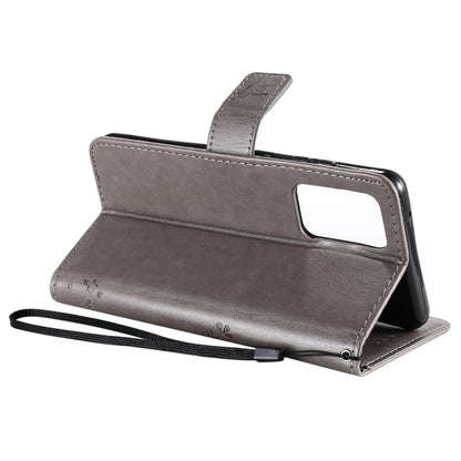 For Samsung Galaxy A52 5G Tree & Cat Pattern Pressed Printing Horizontal Flip PU Leather Case with Holder & Card Slots & Wallet & Lanyard(Gray) by buy2fix