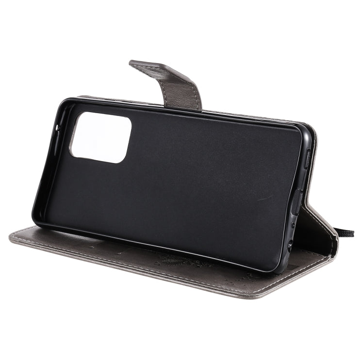 For Samsung Galaxy A52 5G Tree & Cat Pattern Pressed Printing Horizontal Flip PU Leather Case with Holder & Card Slots & Wallet & Lanyard(Gray) by buy2fix