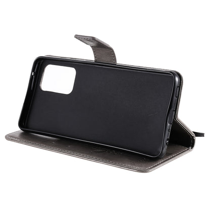 For Samsung Galaxy A52 5G Tree & Cat Pattern Pressed Printing Horizontal Flip PU Leather Case with Holder & Card Slots & Wallet & Lanyard(Gray) by buy2fix