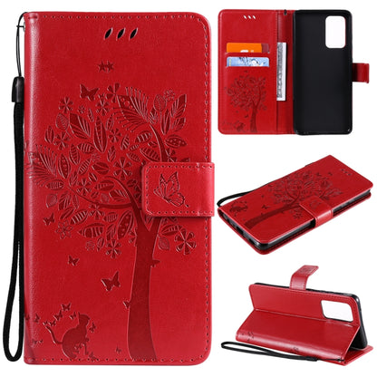 For Samsung Galaxy A52 5G Tree & Cat Pattern Pressed Printing Horizontal Flip PU Leather Case with Holder & Card Slots & Wallet & Lanyard(Red) by buy2fix