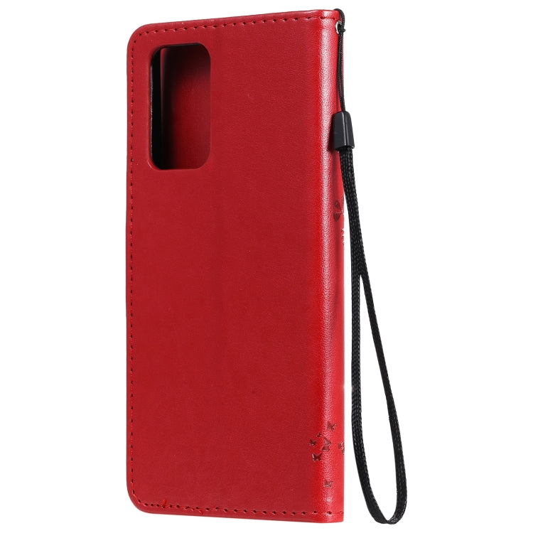 For Samsung Galaxy A52 5G Tree & Cat Pattern Pressed Printing Horizontal Flip PU Leather Case with Holder & Card Slots & Wallet & Lanyard(Red) by buy2fix