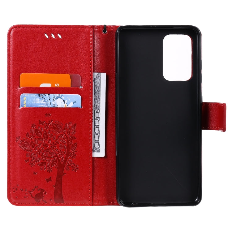 For Samsung Galaxy A52 5G Tree & Cat Pattern Pressed Printing Horizontal Flip PU Leather Case with Holder & Card Slots & Wallet & Lanyard(Red) by buy2fix