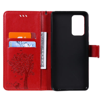For Samsung Galaxy A52 5G Tree & Cat Pattern Pressed Printing Horizontal Flip PU Leather Case with Holder & Card Slots & Wallet & Lanyard(Red) by buy2fix
