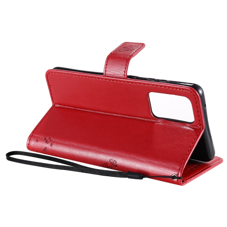 For Samsung Galaxy A52 5G Tree & Cat Pattern Pressed Printing Horizontal Flip PU Leather Case with Holder & Card Slots & Wallet & Lanyard(Red) by buy2fix