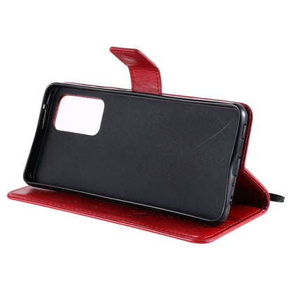 For Samsung Galaxy A52 5G Tree & Cat Pattern Pressed Printing Horizontal Flip PU Leather Case with Holder & Card Slots & Wallet & Lanyard(Red) by buy2fix