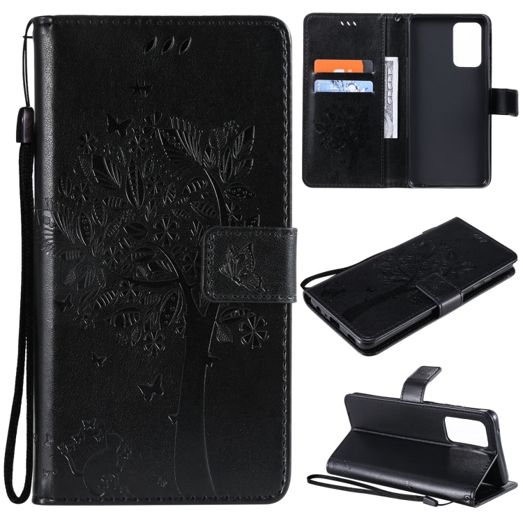 For Samsung Galaxy A52 5G Tree & Cat Pattern Pressed Printing Horizontal Flip PU Leather Case with Holder & Card Slots & Wallet & Lanyard(Black) by buy2fix