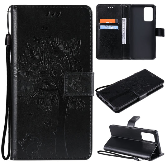 For Samsung Galaxy A52 5G Tree & Cat Pattern Pressed Printing Horizontal Flip PU Leather Case with Holder & Card Slots & Wallet & Lanyard(Black) by buy2fix