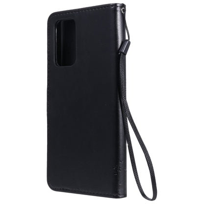 For Samsung Galaxy A52 5G Tree & Cat Pattern Pressed Printing Horizontal Flip PU Leather Case with Holder & Card Slots & Wallet & Lanyard(Black) by buy2fix