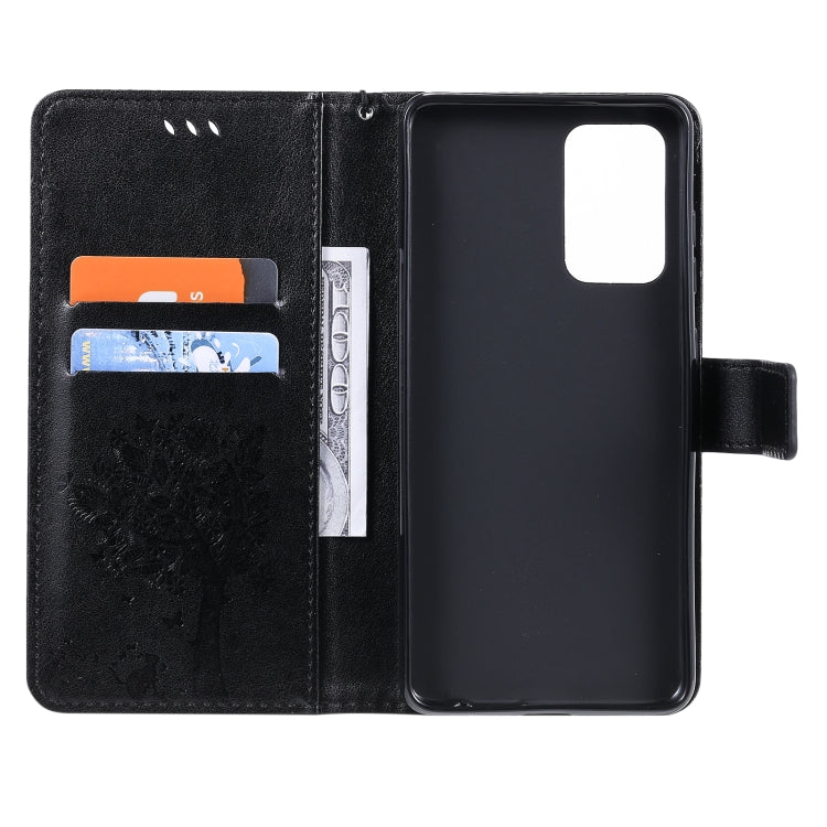 For Samsung Galaxy A52 5G Tree & Cat Pattern Pressed Printing Horizontal Flip PU Leather Case with Holder & Card Slots & Wallet & Lanyard(Black) by buy2fix
