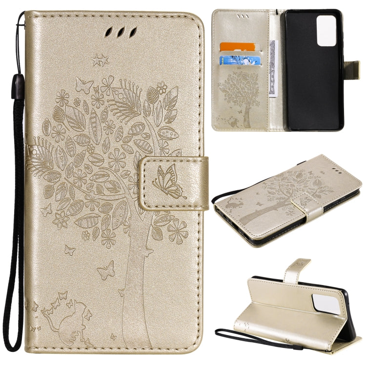 For Samsung Galaxy A52 5G Tree & Cat Pattern Pressed Printing Horizontal Flip PU Leather Case with Holder & Card Slots & Wallet & Lanyard(Gold) by buy2fix