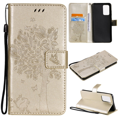 For Samsung Galaxy A52 5G Tree & Cat Pattern Pressed Printing Horizontal Flip PU Leather Case with Holder & Card Slots & Wallet & Lanyard(Gold) by buy2fix