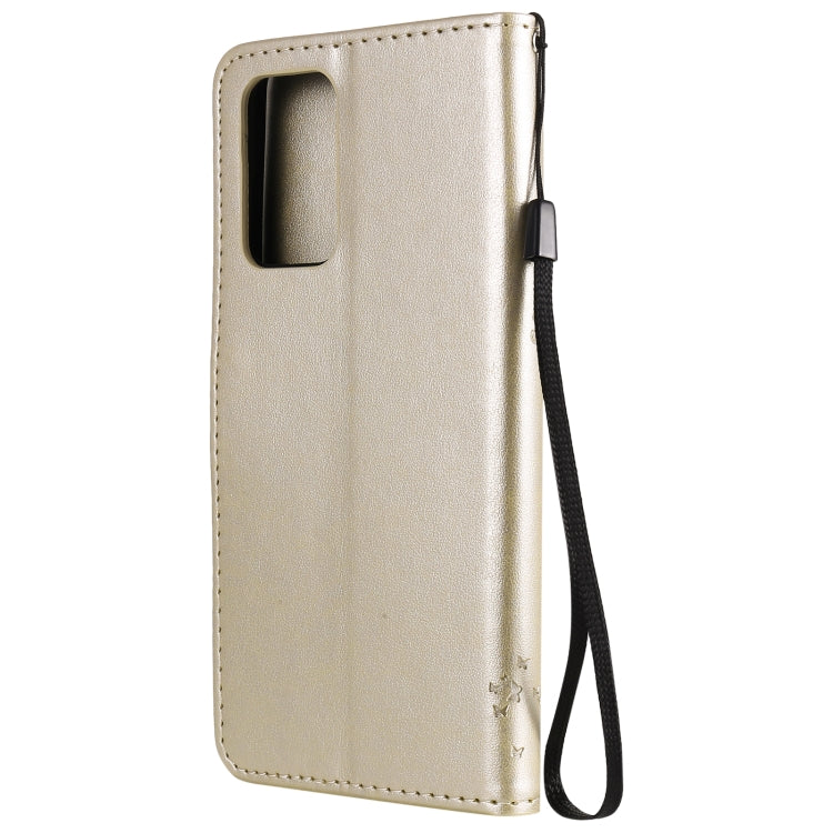 For Samsung Galaxy A52 5G Tree & Cat Pattern Pressed Printing Horizontal Flip PU Leather Case with Holder & Card Slots & Wallet & Lanyard(Gold) by buy2fix