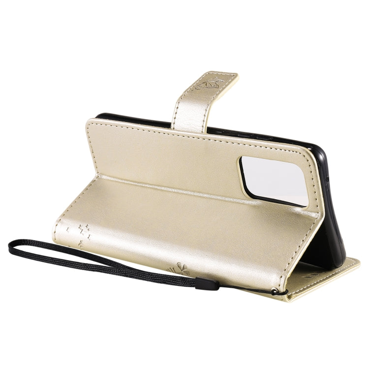 For Samsung Galaxy A52 5G Tree & Cat Pattern Pressed Printing Horizontal Flip PU Leather Case with Holder & Card Slots & Wallet & Lanyard(Gold) by buy2fix