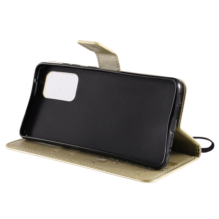 For Samsung Galaxy A52 5G Tree & Cat Pattern Pressed Printing Horizontal Flip PU Leather Case with Holder & Card Slots & Wallet & Lanyard(Gold) by buy2fix