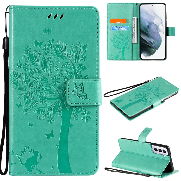 For Samsung Galaxy S21+ 5G Tree & Cat Pattern Pressed Printing Horizontal Flip PU Leather Case with Holder & Card Slots & Wallet & Lanyard(Green) by buy2fix