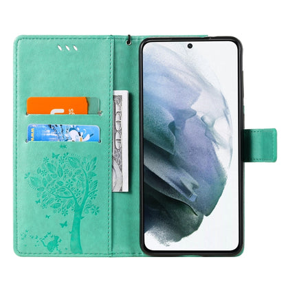 For Samsung Galaxy S21+ 5G Tree & Cat Pattern Pressed Printing Horizontal Flip PU Leather Case with Holder & Card Slots & Wallet & Lanyard(Green) by buy2fix