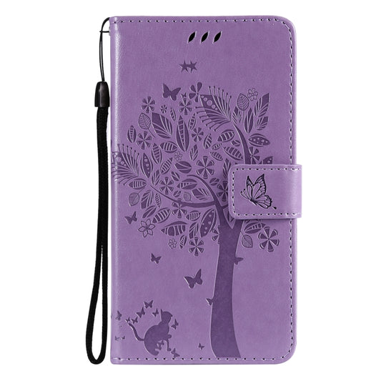 For Samsung Galaxy S21+ 5G Tree & Cat Pattern Pressed Printing Horizontal Flip PU Leather Case with Holder & Card Slots & Wallet & Lanyard(Lavender) by buy2fix