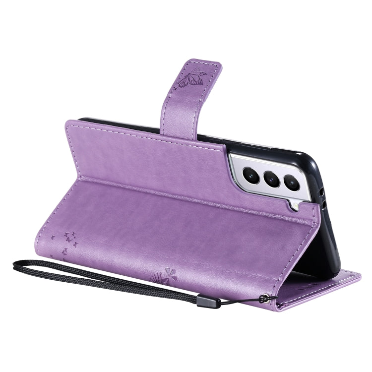 For Samsung Galaxy S21+ 5G Tree & Cat Pattern Pressed Printing Horizontal Flip PU Leather Case with Holder & Card Slots & Wallet & Lanyard(Lavender) by buy2fix