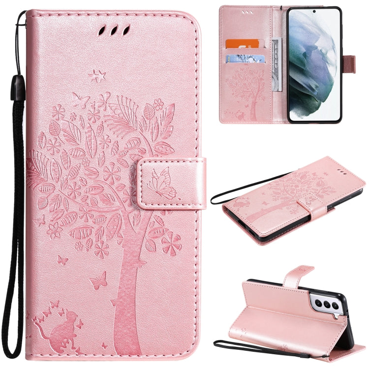 For Samsung Galaxy S21+ 5G Tree & Cat Pattern Pressed Printing Horizontal Flip PU Leather Case with Holder & Card Slots & Wallet & Lanyard(Rose gold) by buy2fix