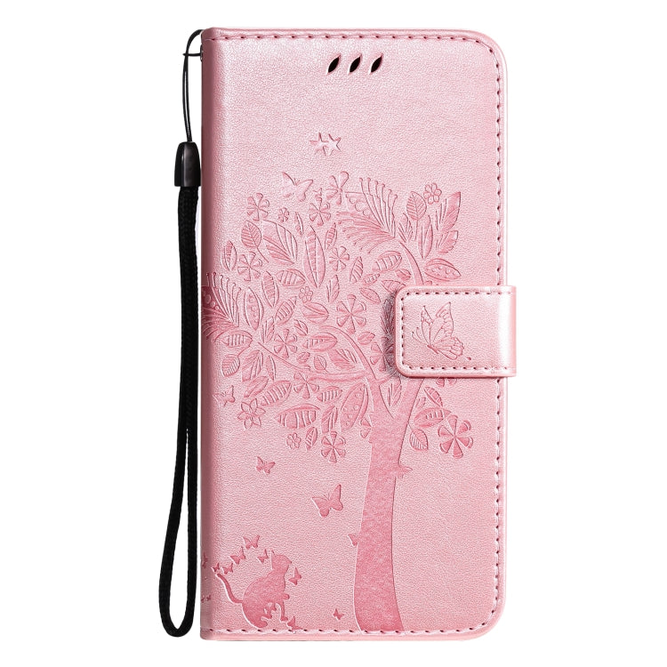 For Samsung Galaxy S21+ 5G Tree & Cat Pattern Pressed Printing Horizontal Flip PU Leather Case with Holder & Card Slots & Wallet & Lanyard(Rose gold) by buy2fix
