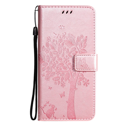 For Samsung Galaxy S21+ 5G Tree & Cat Pattern Pressed Printing Horizontal Flip PU Leather Case with Holder & Card Slots & Wallet & Lanyard(Rose gold) by buy2fix