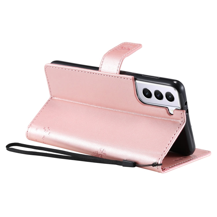 For Samsung Galaxy S21+ 5G Tree & Cat Pattern Pressed Printing Horizontal Flip PU Leather Case with Holder & Card Slots & Wallet & Lanyard(Rose gold) by buy2fix
