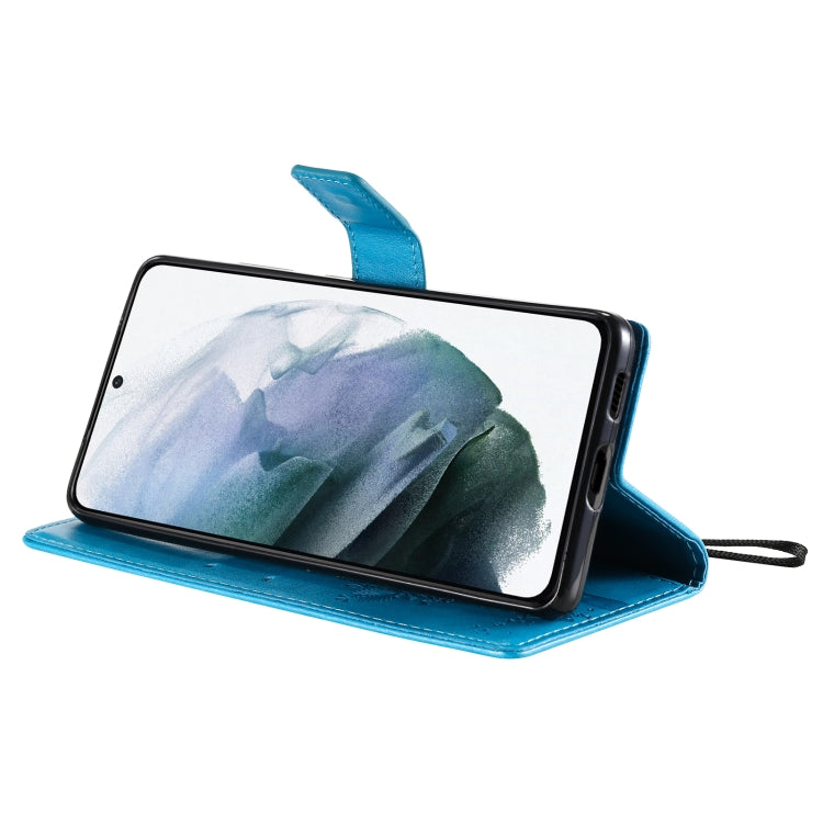 For Samsung Galaxy S21+ 5G Tree & Cat Pattern Pressed Printing Horizontal Flip PU Leather Case with Holder & Card Slots & Wallet & Lanyard(Blue) by buy2fix