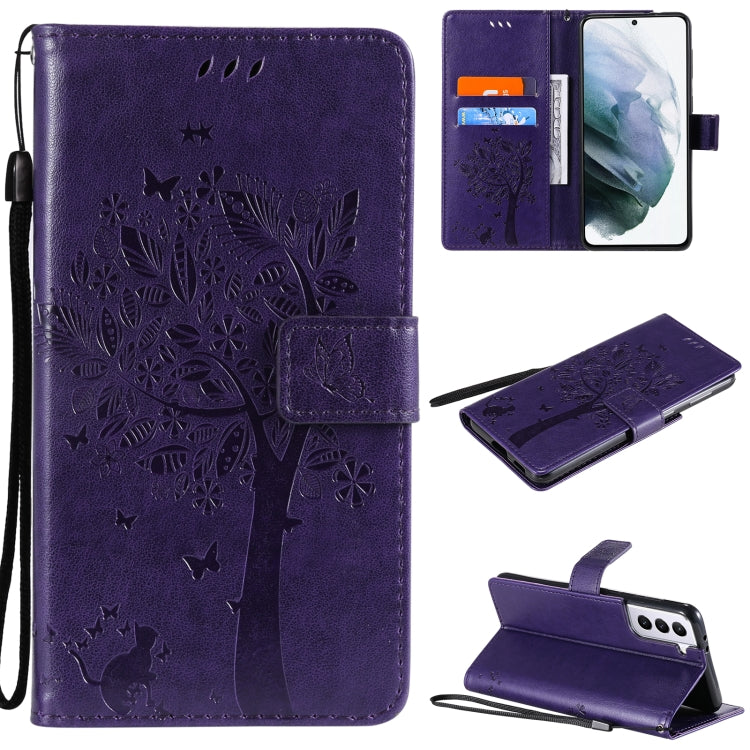 For Samsung Galaxy S21+ 5G Tree & Cat Pattern Pressed Printing Horizontal Flip PU Leather Case with Holder & Card Slots & Wallet & Lanyard(Purple) by buy2fix