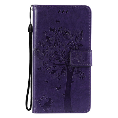 For Samsung Galaxy S21+ 5G Tree & Cat Pattern Pressed Printing Horizontal Flip PU Leather Case with Holder & Card Slots & Wallet & Lanyard(Purple) by buy2fix