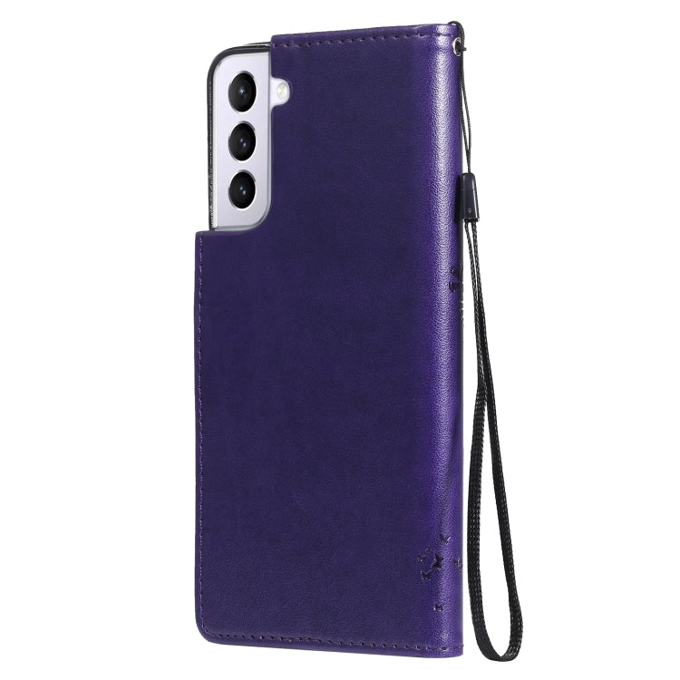 For Samsung Galaxy S21+ 5G Tree & Cat Pattern Pressed Printing Horizontal Flip PU Leather Case with Holder & Card Slots & Wallet & Lanyard(Purple) by buy2fix