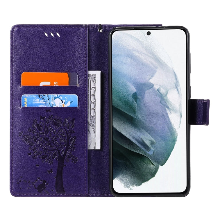 For Samsung Galaxy S21+ 5G Tree & Cat Pattern Pressed Printing Horizontal Flip PU Leather Case with Holder & Card Slots & Wallet & Lanyard(Purple) by buy2fix