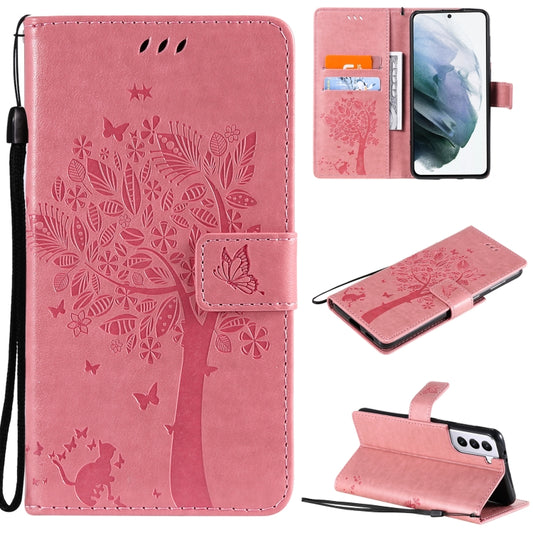 For Samsung Galaxy S21+ 5G Tree & Cat Pattern Pressed Printing Horizontal Flip PU Leather Case with Holder & Card Slots & Wallet & Lanyard(Pink) by buy2fix