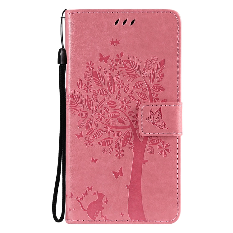 For Samsung Galaxy S21+ 5G Tree & Cat Pattern Pressed Printing Horizontal Flip PU Leather Case with Holder & Card Slots & Wallet & Lanyard(Pink) by buy2fix