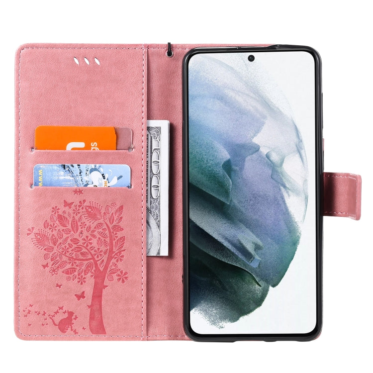 For Samsung Galaxy S21+ 5G Tree & Cat Pattern Pressed Printing Horizontal Flip PU Leather Case with Holder & Card Slots & Wallet & Lanyard(Pink) by buy2fix