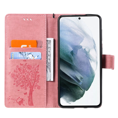 For Samsung Galaxy S21+ 5G Tree & Cat Pattern Pressed Printing Horizontal Flip PU Leather Case with Holder & Card Slots & Wallet & Lanyard(Pink) by buy2fix