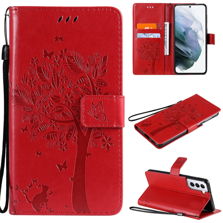 For Samsung Galaxy S21+ 5G Tree & Cat Pattern Pressed Printing Horizontal Flip PU Leather Case with Holder & Card Slots & Wallet & Lanyard(Red) by buy2fix
