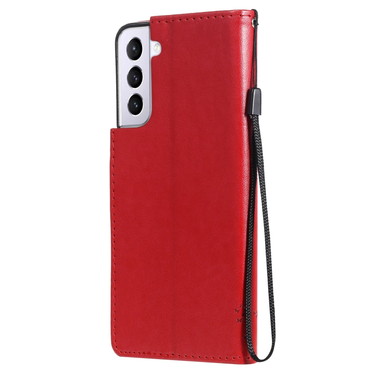 For Samsung Galaxy S21+ 5G Tree & Cat Pattern Pressed Printing Horizontal Flip PU Leather Case with Holder & Card Slots & Wallet & Lanyard(Red) by buy2fix